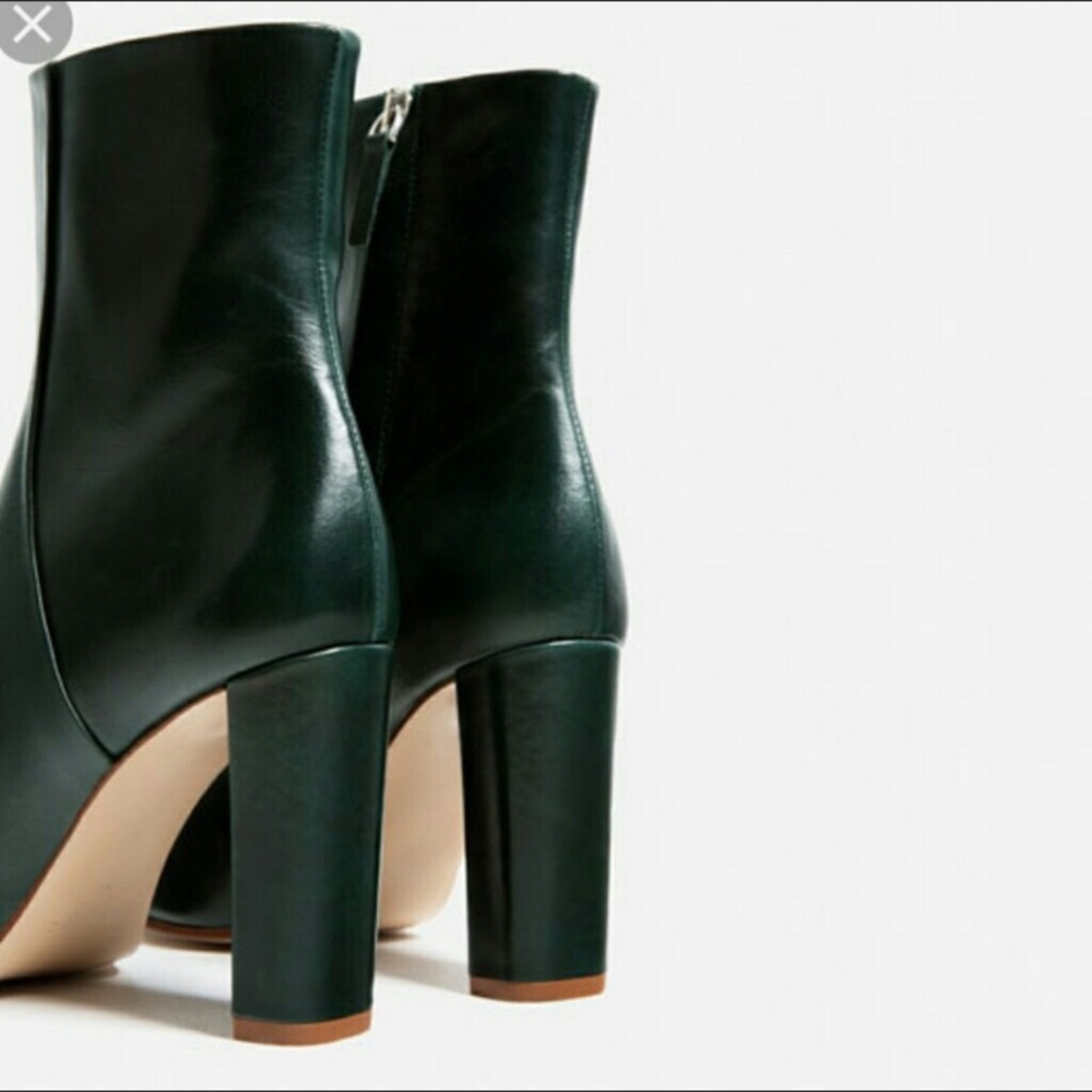 Zara Dark Green Genuine Leather Heeled Retro Minimalist Modern Cute Ankle Bootie - Picture 3 of 16